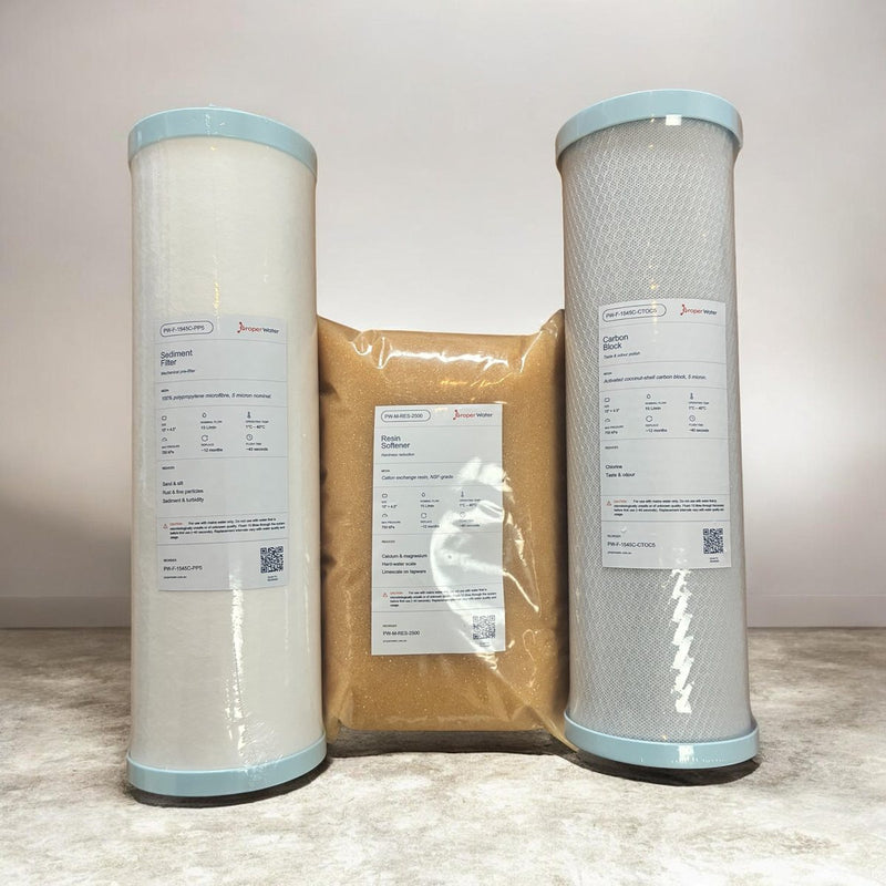 ProperWater CHF-Compatible 3-Stage Replacement Filter Set: sediment cartridge, resin bag and carbon block