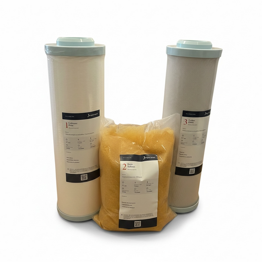 ProperWater CHF-compatible 3-stage replacement filter set: sediment cartridge, resin media refill and activated carbon block